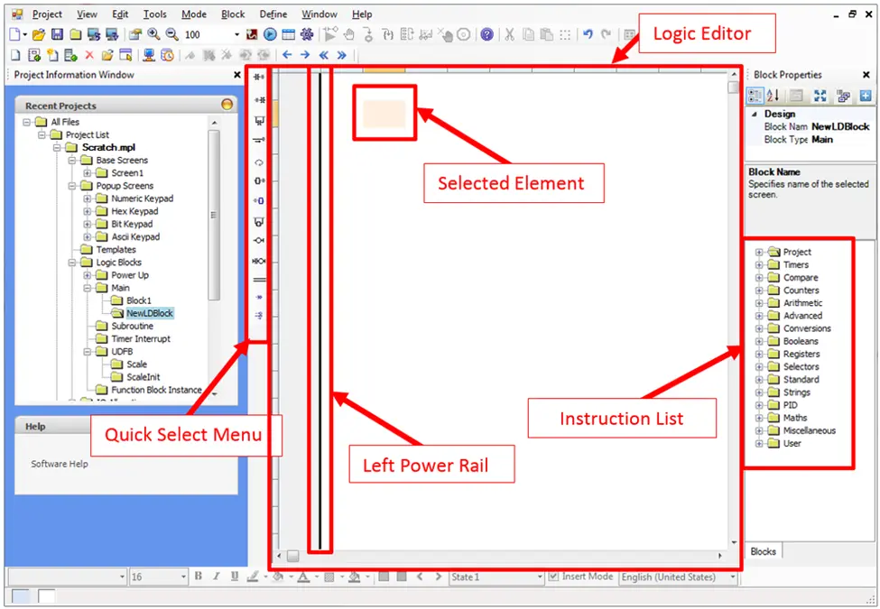 Ladder Diagram Editor Window Ladder Diagram Editor Window with sections labelled