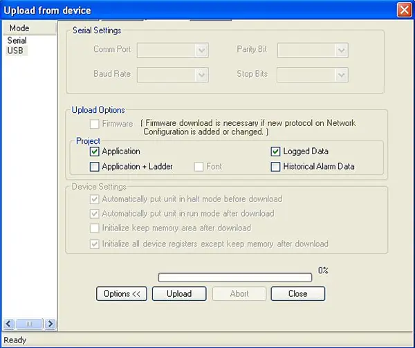 MAPware-7000 Upload from Device wind, with both Application and Logged Data options checked.