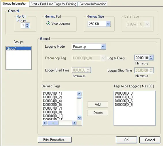 MAPware-7000 Data logger window with the "tags to be logged" list having at least one tag with a highlighted group, This will allow the print properties button to appear.