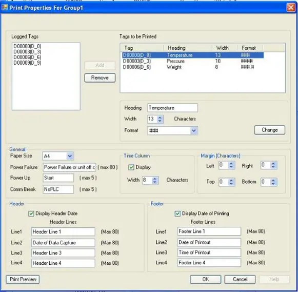 MAPware-7000 Data Logging: Print Properties window