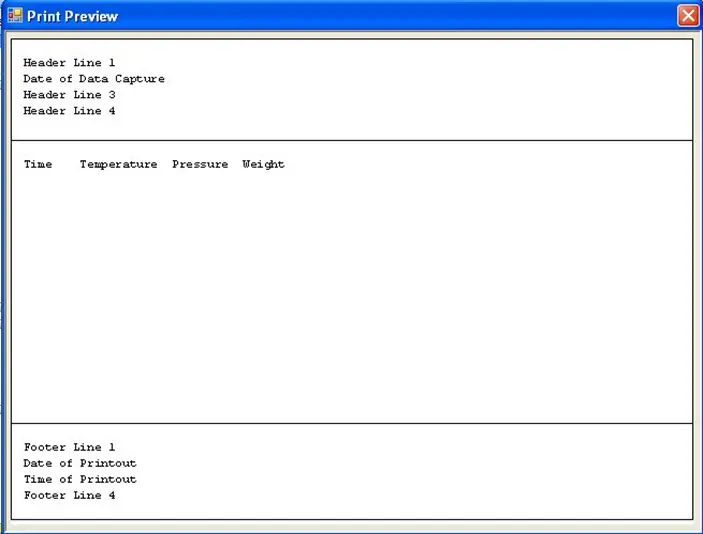 MAPware7000 Print Preview window of Data Logger; this window shows a preview of what the configured data logger printout will show.