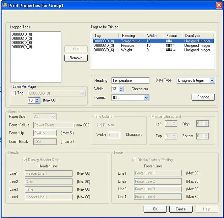 MAPware-7000 Data Logger Print Properties window showing most options unavailable. All modes of data logging aside from Runtime Frequency do not have the options.