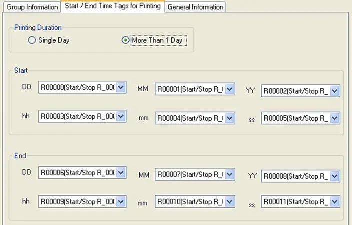 MAPware-7000 Printer Properties window "start / End Time Tags for printing" tab allows for configuring the period of time that logging is to be printed.