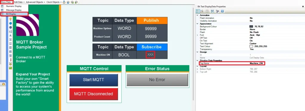 MAPware-7000 MQTT Broker adding bit text display data for Machine ON