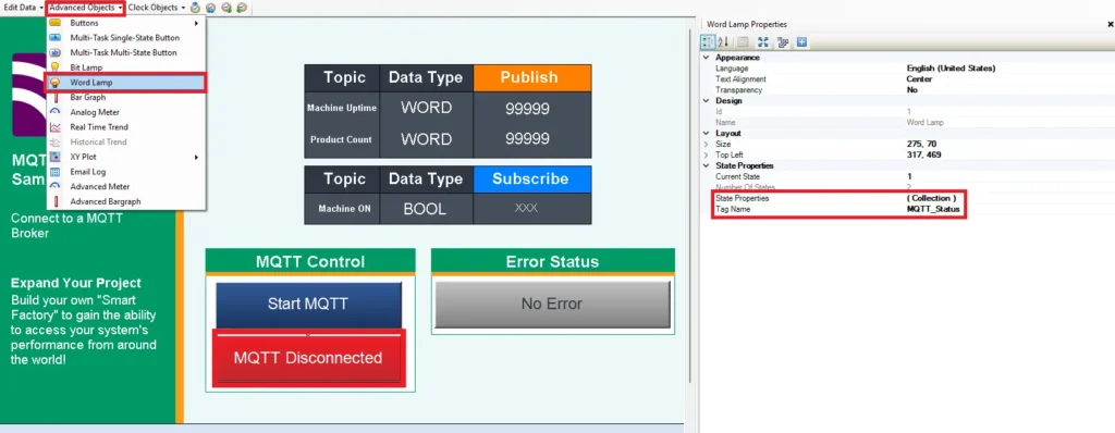 MAPware-7000 MQTT adding word lamp for MQTT disconnected