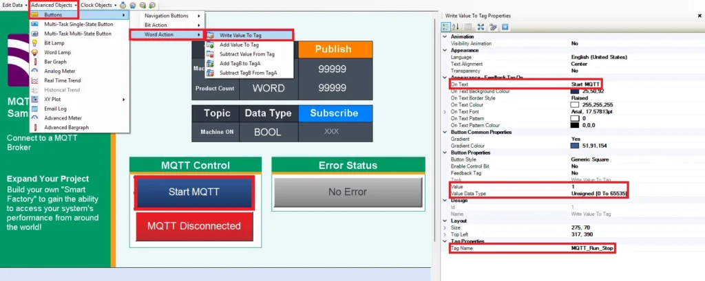 MAPware-7000 MQTT adding write value to tag button and its settings