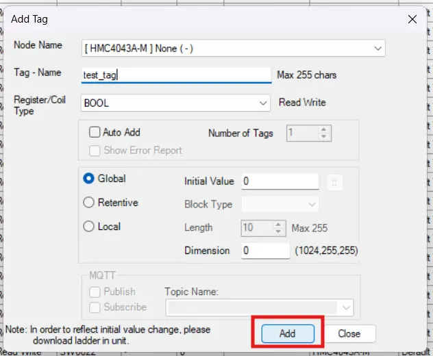 Screenshot outlining the "Add" button to finish creating your tag and add it to the tag database
