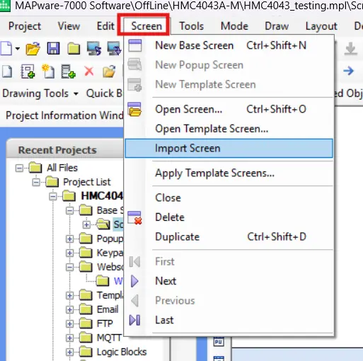 Displaying the "Import Screen" option A screenshot displaying where the "Import Screen" option is in the top bar of MAPware-7000