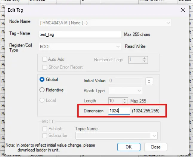 Demonstrating the "Dimension" option of the "Add Tag" dialogue, used to create an array in MAPware-7000