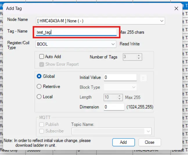 Demonstrating the tag naming input of the "Add Tag" dialog in MAPware-7000