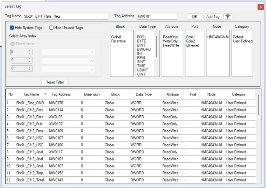 The Tag Selection window in MAPware-7000 A screenshot demonstrating the tag selection window that appears when attaching a tag to an HMC screen object.
