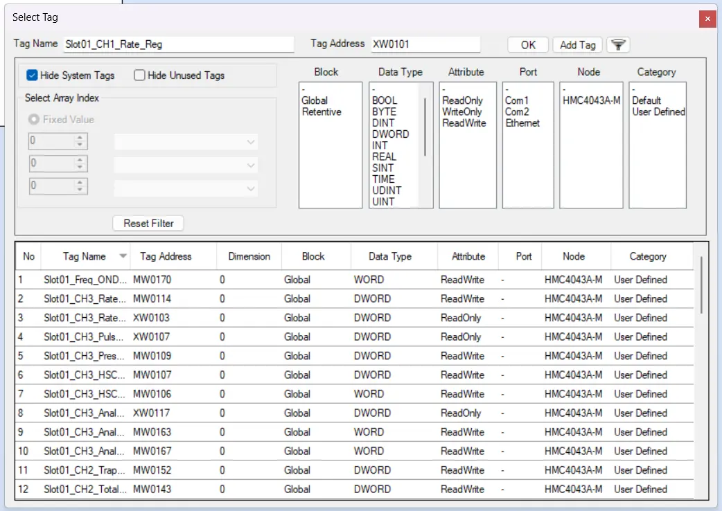 A screenshot demonstrating the tag selection window that appears when attaching a tag to an HMC screen object.