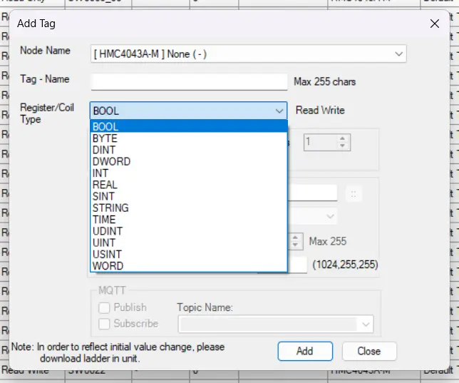 A screenshot showing the dropdown selection for MAPware tag types in the "Add Tag" dialogue