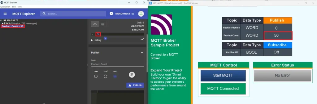 MQTT Explorer receiving Product Count