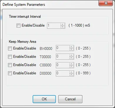 MAPware-7000 Define System Parameters window allows for "keep memory" or retentive memory areas to be defined. This is a screenshot of that window