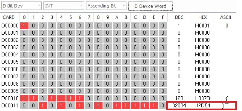 MapleLogic Memory Monitor Device Data Register Data register seen in the monitoring window in MapleLogic