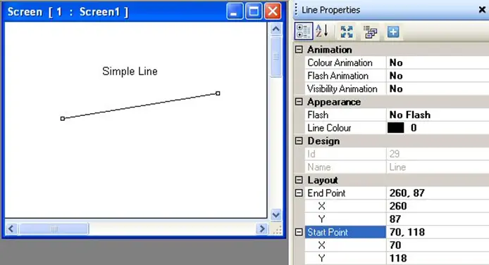 Line Object MAPware-7000 Line Object on screen with properties menu to the right, showing the configurable properties.