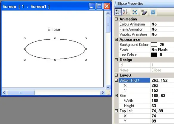 Ellipse Object MAPware-7000 Ellipse Object, with properties menu to the right, showing the configurable properties of the object.