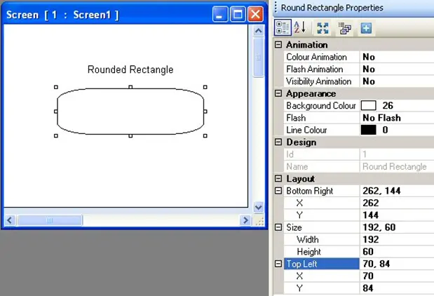 Roun MAPware-7000 Rounded Rectangle Object with properties menu to the right, showing the configurable properties of the object.