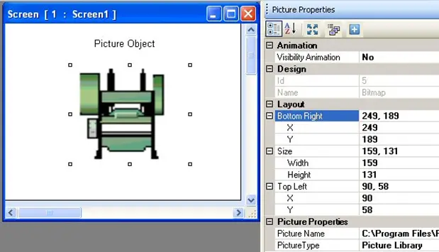 Pictures Object MAPware-7000 Picture Object with properties menu on the right, showing the configurable properties of the object.