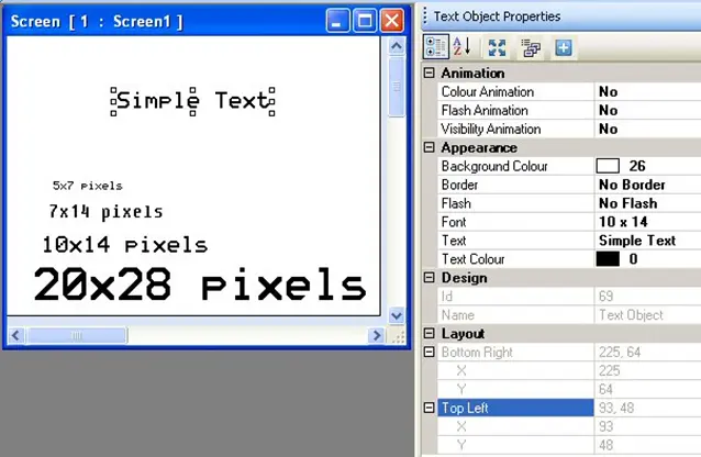 Text Object MAPware-7000 Text Object on screen with properties menu to the right, showing the configurable properties of the object.