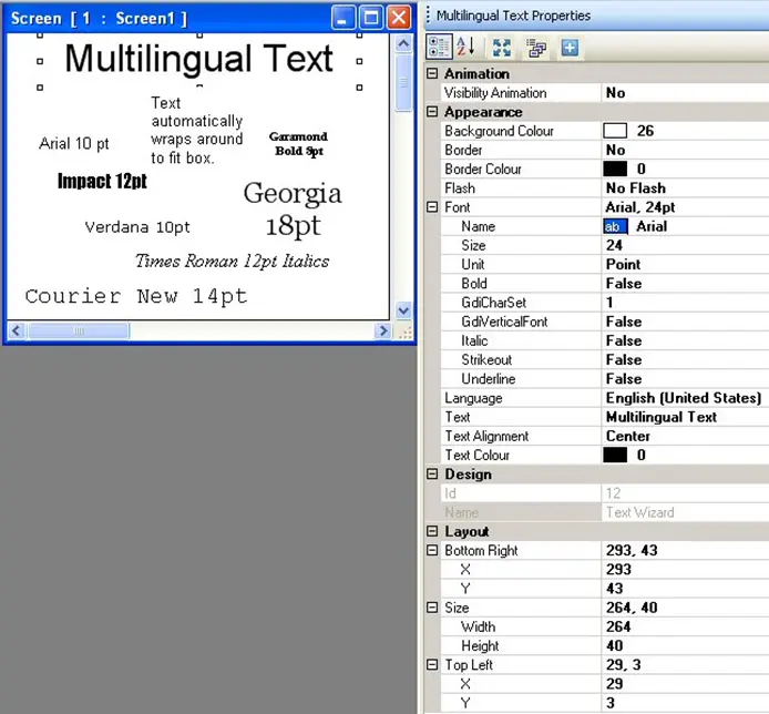 Multilingual Text Object MAPware-7000 Multilingual Text Object on screen with properties menu to the right, showing the configurable properties of the object.
