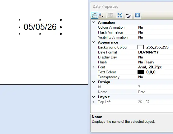 Date Object MAPware-7000 Date Object on screen with properties menu to the right, showing the configurable properties of the object.