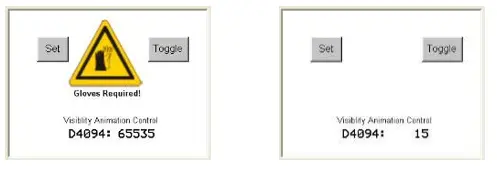 Visibility Animation MAPware-7000 Visibility Animation: simulation mode showing the register value controlling the visibility of a picture and a text object