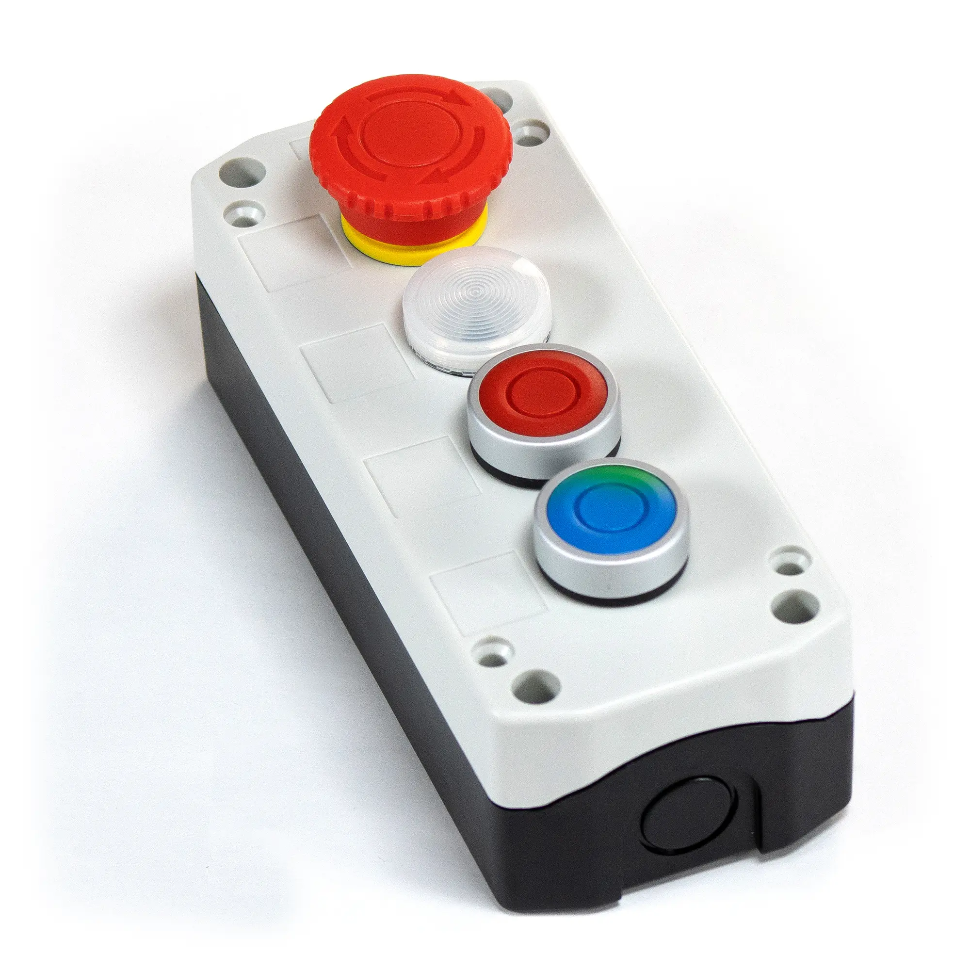 PB01004A – Quad White Pushbutton Control Box with Estop Maple Systems PB01004A - Quad white pushbutton control box with buttons and Estop installed