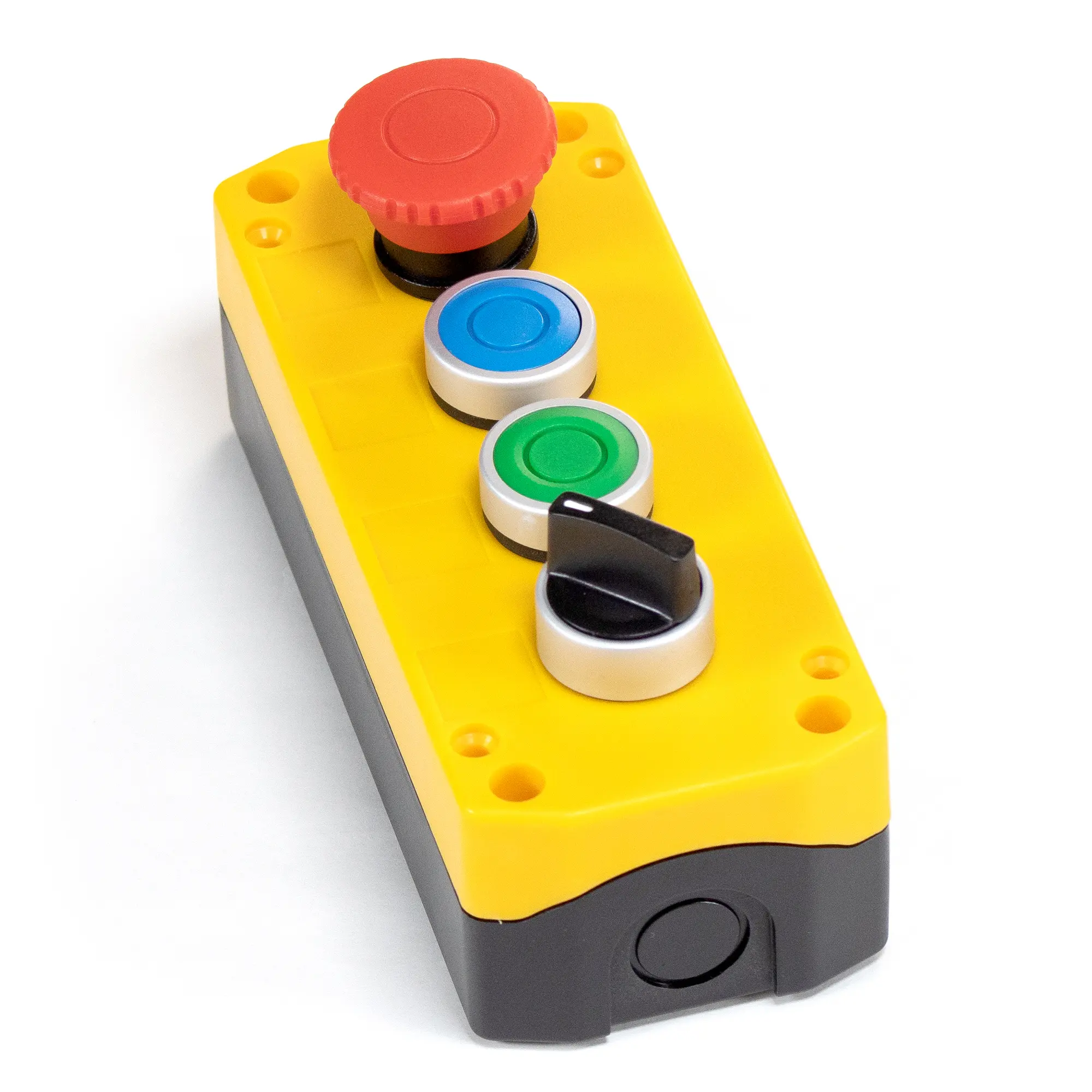 Maple Systems PB01004B - Quad yellow pushbutton control box with Estop, buttons and selector switch installed