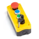 Maple Systems PB01004B - Quad yellow pushbutton control box with buttons, estop and keylock installed