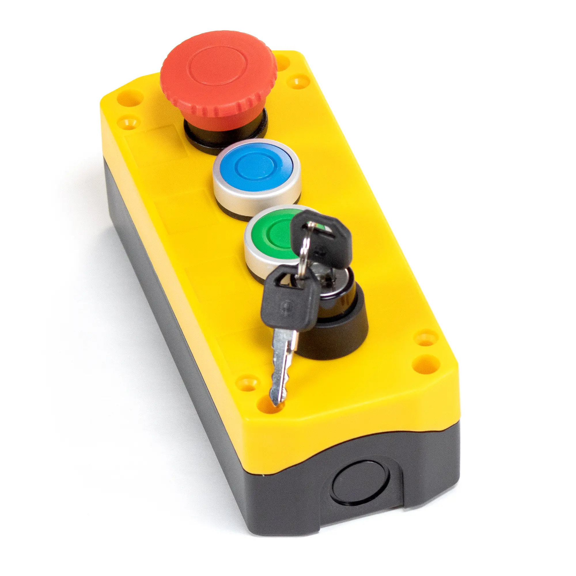 Maple Systems PB01004B - Quad yellow pushbutton control box with buttons, estop and keylock installed