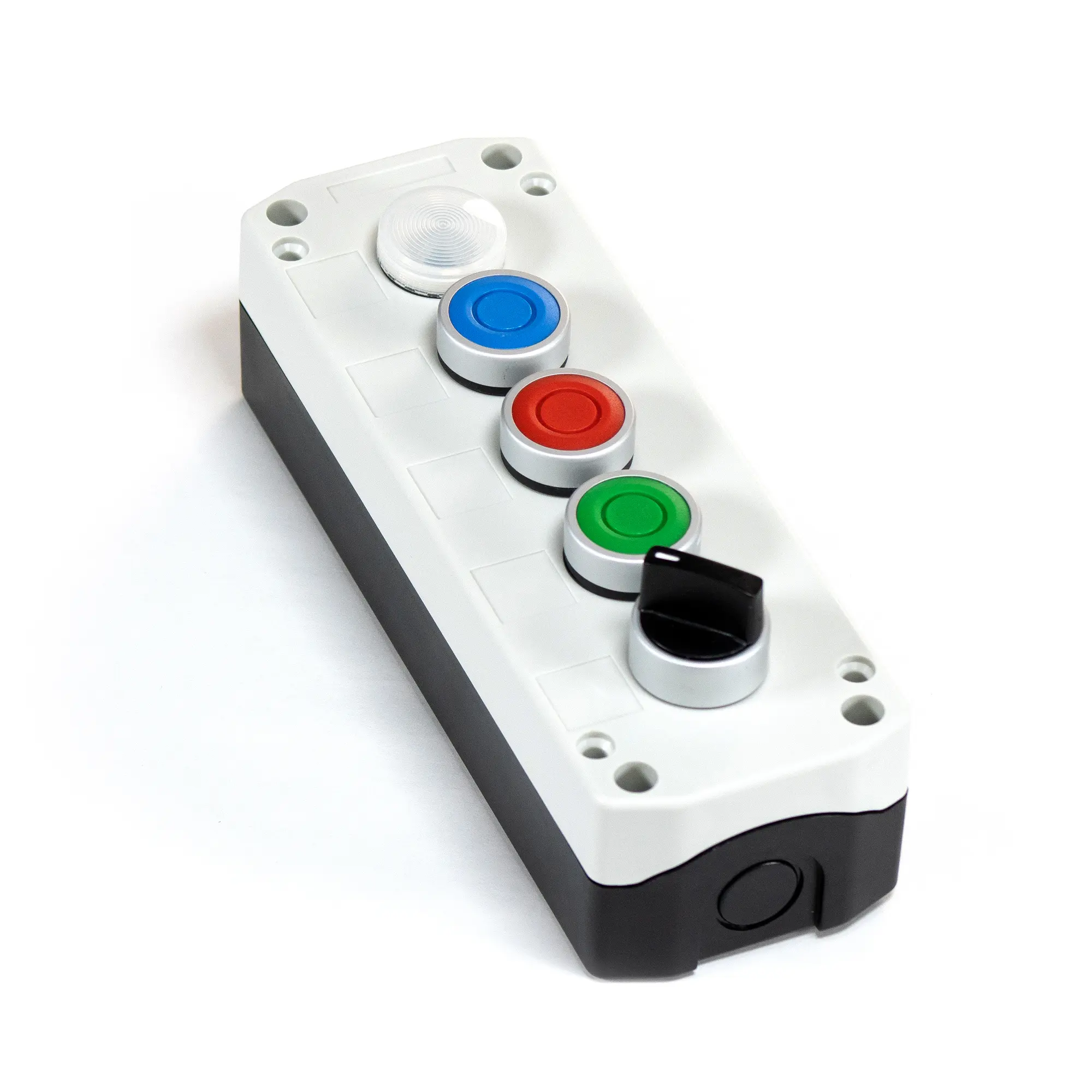 Maple Systems PB01005A 5 hole white pushbutton controller box with 1 illuminated button, 3 metal ring buttons and 1 selector switch installed.