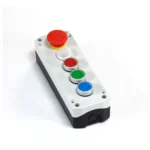 Maple Systems PB01005A 5 hole white pushbutton controller box with 3 metal ring buttons, 1 illuminated button and an Estop