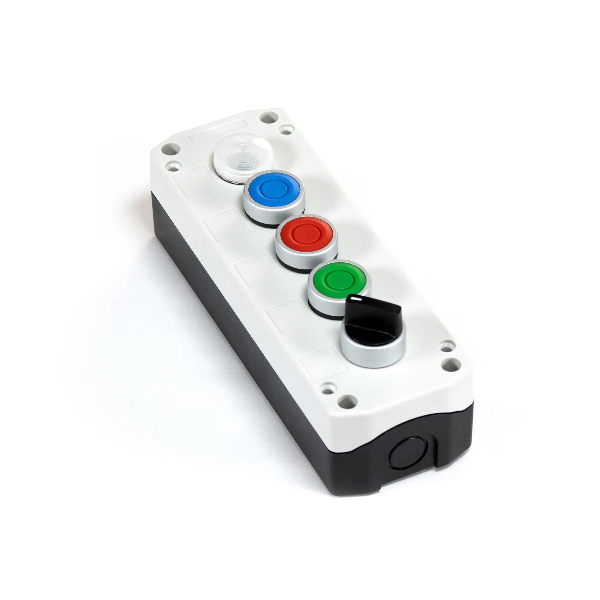 PB01005A – 5-Hole Assembled White Pushbutton Controller Box with Switch The Maple Systems PB01005A 5 hole, white, pushbutton controller box is preassembled with 1 selector switch, 3 metal ring buttons, and one illuminated button