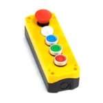 Maple Systems 5-Hole yellow pushbutton control box with 3 buttons, an illuminated button and Estop installed