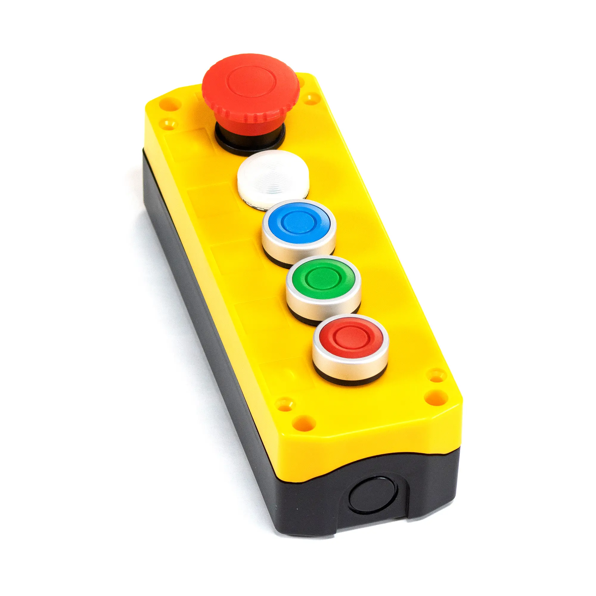 Maple Systems 5-Hole yellow pushbutton control box with 3 buttons, an illuminated button and Estop installed