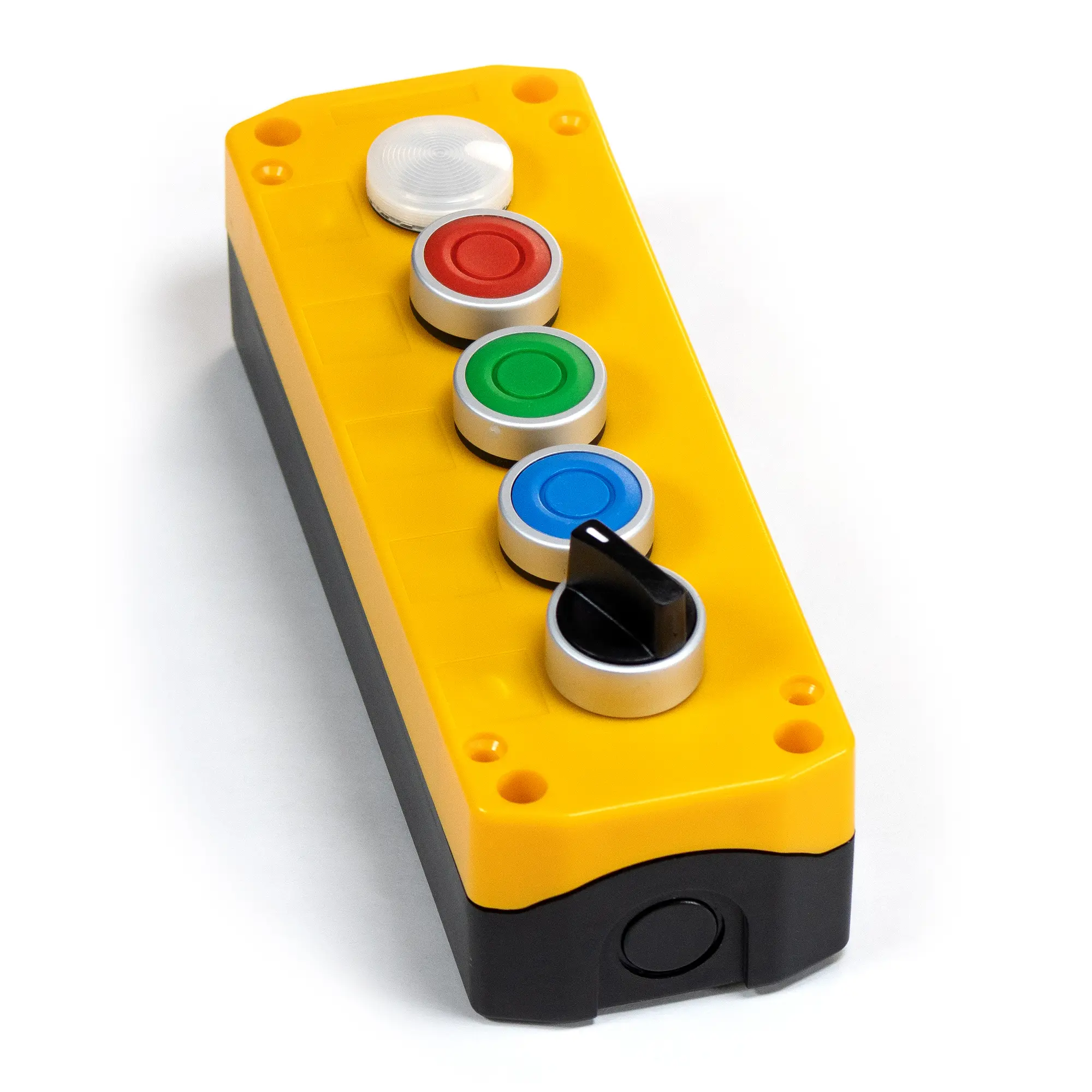 Maple Systems PB01005B is a 5-hole, yellow pushbutton control box, in this image we have 3 metal ring buttons, one illuminated button and one selector switch installed