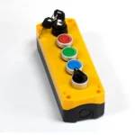 Maple Systems 5-Hole yellow pushbutton control box with 3 buttons, a selector switch and keylock installed