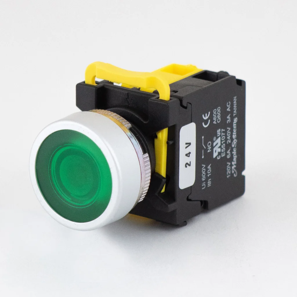 Maple Systems Pushbuttons -illuminated, Momentary, Flat, Metal, Green- PBS111CM22G-10L2