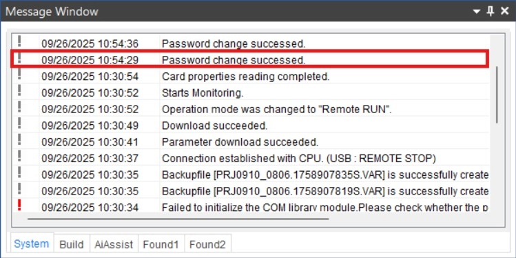 MapleLogic PLC Password Password Change Success Password change success message in MapleLogic