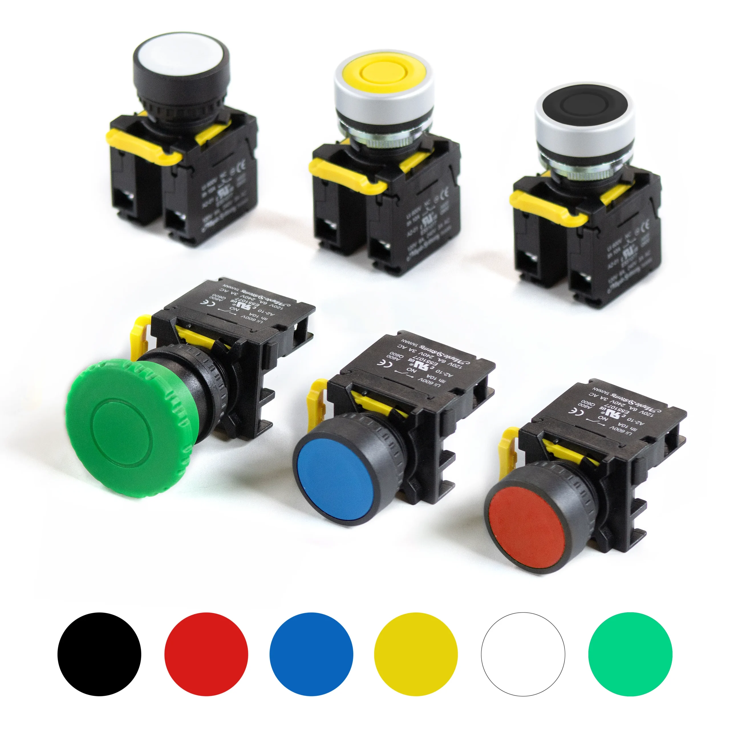 Pushbutton-Group-PBS111-1 Maple Systems Pushbuttons come in a variety of colors and styles.