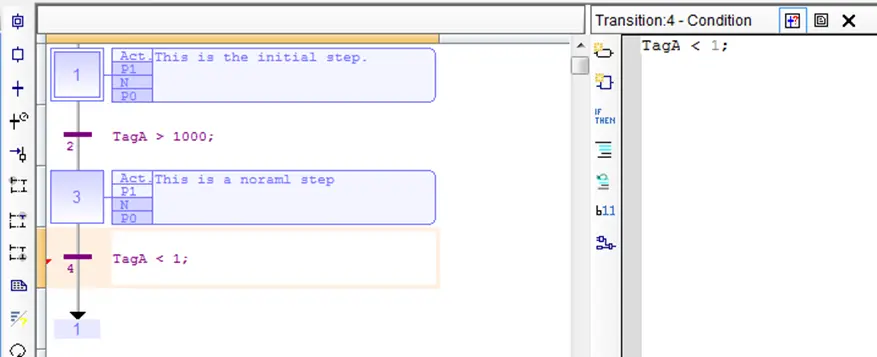 Doubleclick the Transition in the SFC diagram to open the editor
