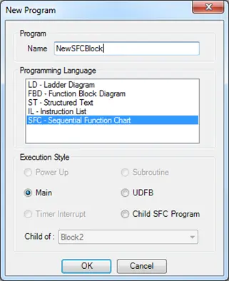 Name the new block and select SFC as language