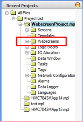 Webscreens MAPware-7000 Project Information window, webscreens folder outlined