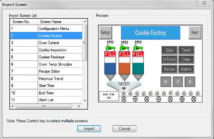 Import Screens Choosing which screens to import in MAPware-7000 Screen Import tool