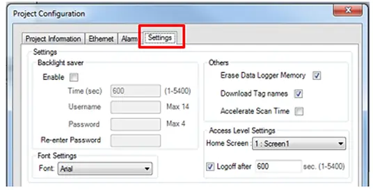 Project Configuration MAPware Project Configuration Window, with "Settings" tab selected