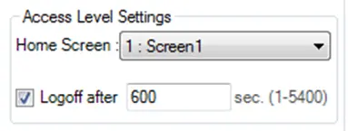 Access level Settings Portion of the Settings tab showing the "logoff after" check box, and time entry field.