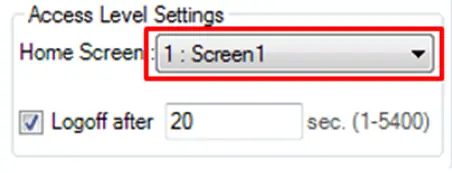 Access level Settings Portion of the Settings tab showing the "logoff after" check box, and time entry field., but with a specific home screen selected