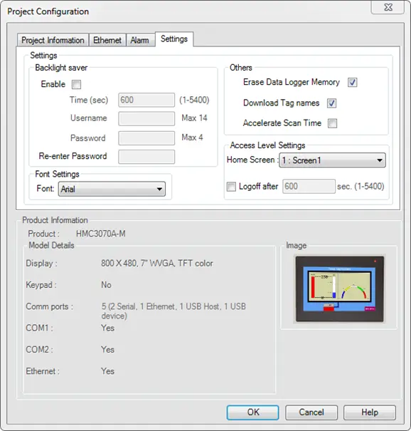 Project Configuration MAPware-7000 Project Configuration Window, Settings tab options showing.